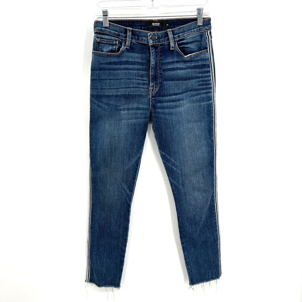 HUDSON Barbara Super Skinny Denim Blue Jeans High Rise Side Stripes Raw Hem 28